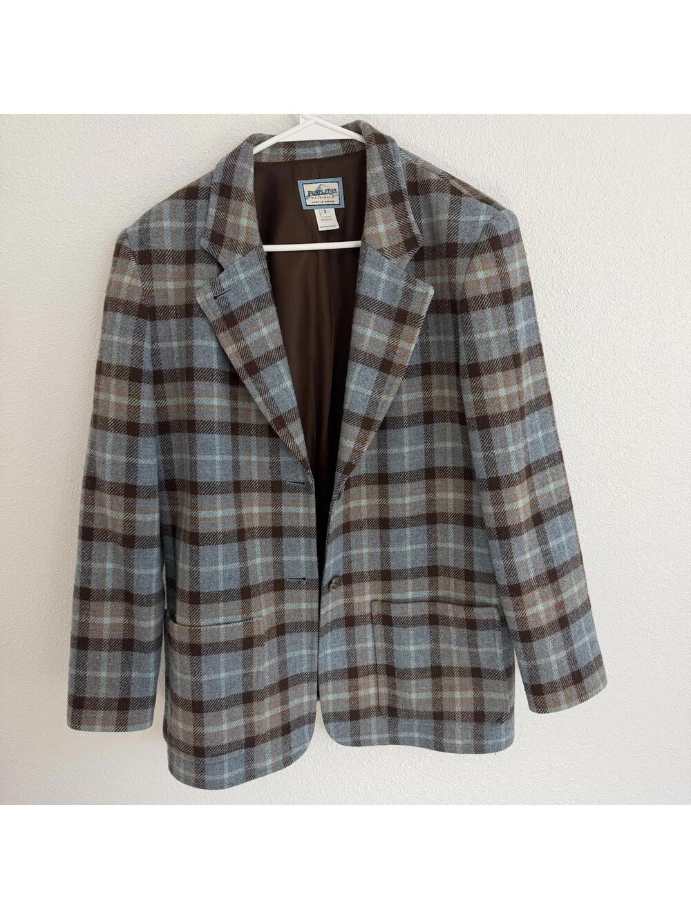 Vintage Pendleton Blue/Brown Plaid 100% Wool Blazer Jacket Made in USA Sz S